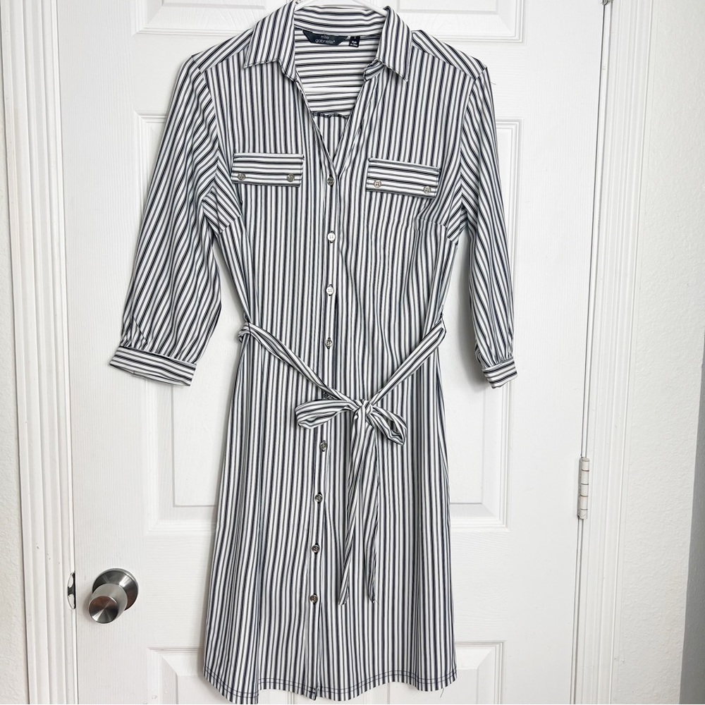 Mlle Gabrielle | Pinstripe Belted Button Down Shirt Dress.